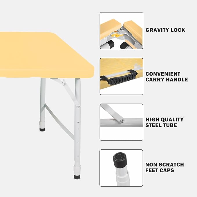 4 FT Folding Table with Carry Handle, Portable Fold-in-Half Plastic Table, Rectangle Foldable Table for Indoor/Outdoor Light Yellow