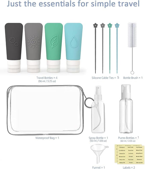 16-Piece Silicone Travel Bottles Set – TSA Approved Leakproof Toiletry Kit with Flat Easy-Squeeze Bottles, Pump & Spray, Waterproof Bag