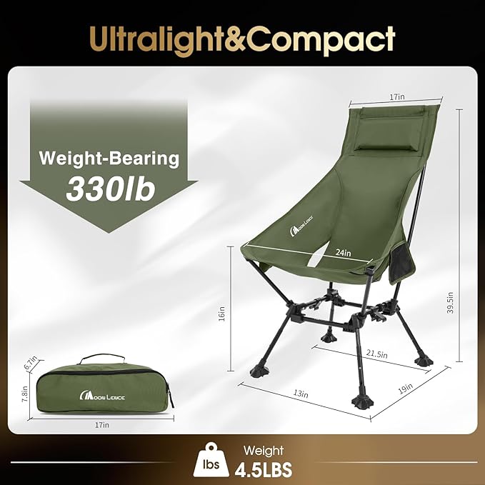MOON LENCE High Back Folding Camping Chairs, Adjustable Height Beach Chair with Anti-Sinking Feet & Widened Seat (Green)
