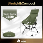 MOON LENCE High Back Folding Camping Chairs, Adjustable Height Beach Chair with Anti-Sinking Feet & Widened Seat (Green)