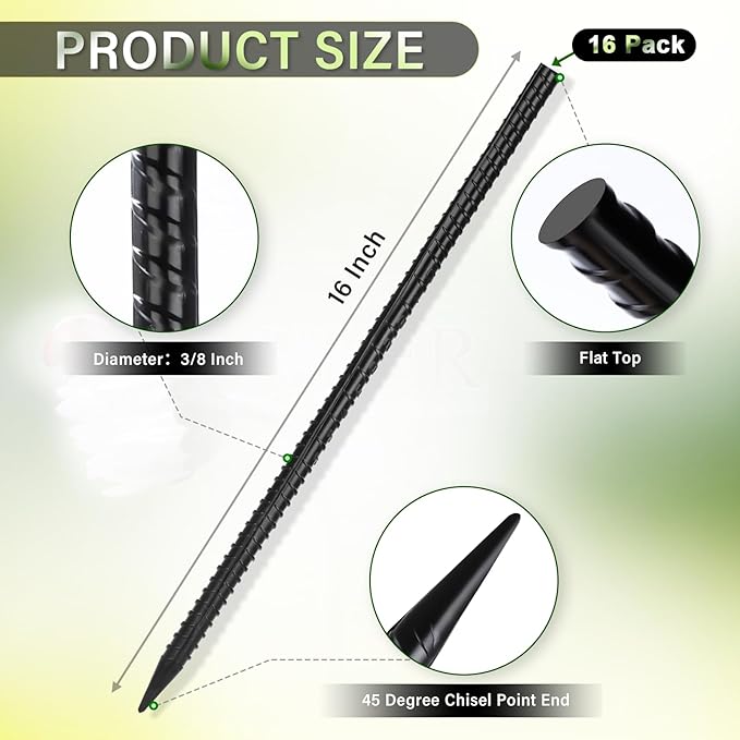 16 Inches Rebar Stakes(16pcs) Heavy Duty Straight Metal Ground Anchors with Chisel Point Ends for Timber,Concrete,Plant Support,Camping Tents,3/8 Inch Thickness Garden Stakes,Black