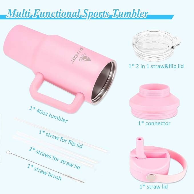 40 oz Tumbler with Handle and Straw or Convert to 40 oz Insulated Water Bottle Fits in Cup Holder. Stainless Steel Metal Water Flask with 2 Lids for Travel,Camping,Gym Sports Coffee Mug Thermal Cup