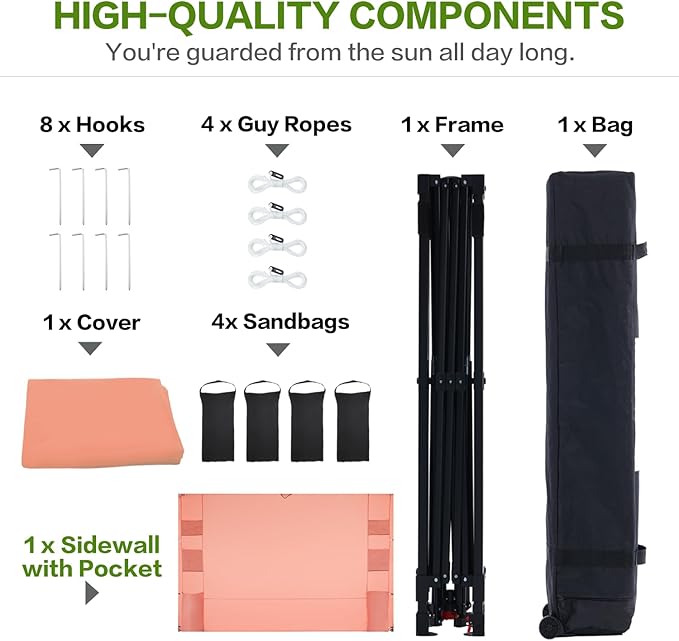 10'x10' Pop Up Canopy Tent with 1 Sidewall and 6 Pockets, One Push Setup, Instant Shade Tent with Vented Roof for Beach Patio Outdoor, Case, 8 Stakes, 4 Ropes, 4 Sandbags (Ocher, 10x10)