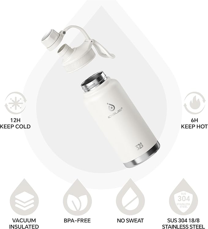 IDEUS Insulated Stainless Steel Water Bottle with 2 Leak-Proof Lids, Thermal Water Flask for Hiking Biking, 32oz, White
