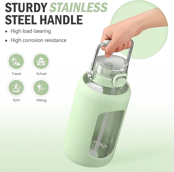 BLUEGO 84oz Water Bottle Glass with Stainless Steel Handle Large 2.5l Water Bottle with Time Markers and Silicone Sleeve Half Gallon Water Jug BPA Free for Gym Daily Use, Light Green