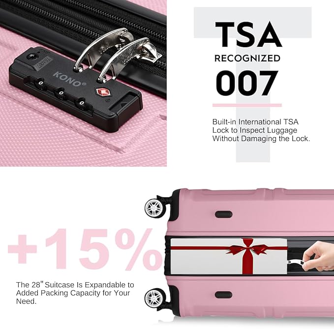 Kono 3 Piece Luggage Sets Expandable(only 28") Lightweight with Spinner Wheels TSA Lock Hardside Travel Rolling Suitcases 20in 24in 28in Carry on Pink