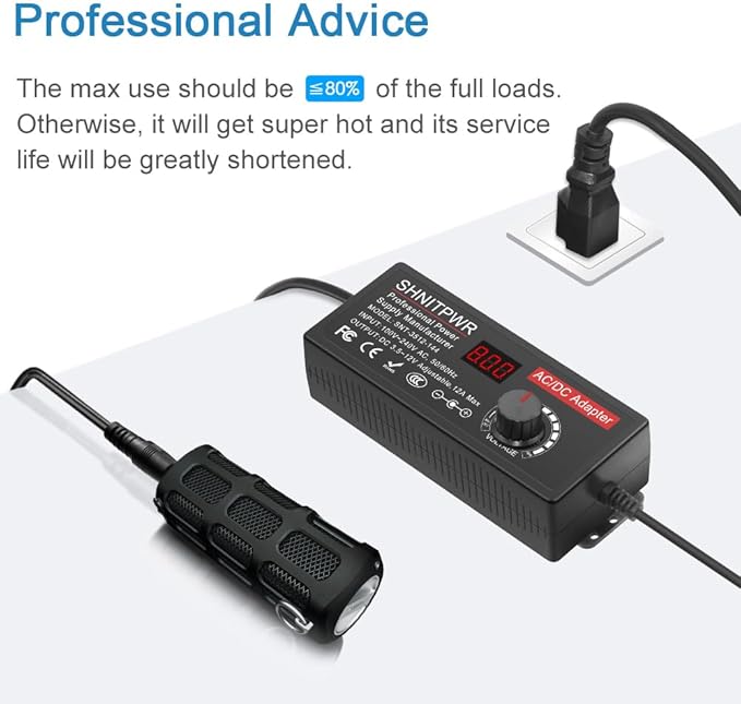 SHNITPWR Power Supply Adjustable DC 12V 11V 10V 8V 9V 6V 5V 3.5V Universal AC Adapter Multi-Voltage AC/DC Adapter 3.5V~12V 12A 144W DC Power Adapter 100V~240V AC to DC Variable Power Converter 14 Tips