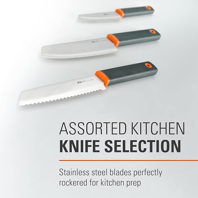 GSI Outdoors Santoku Knife Set, Compact 6-Piece Camping Chef Knife Kit with Cutting Board, Sheaths, Soap Bottle & Travel Case