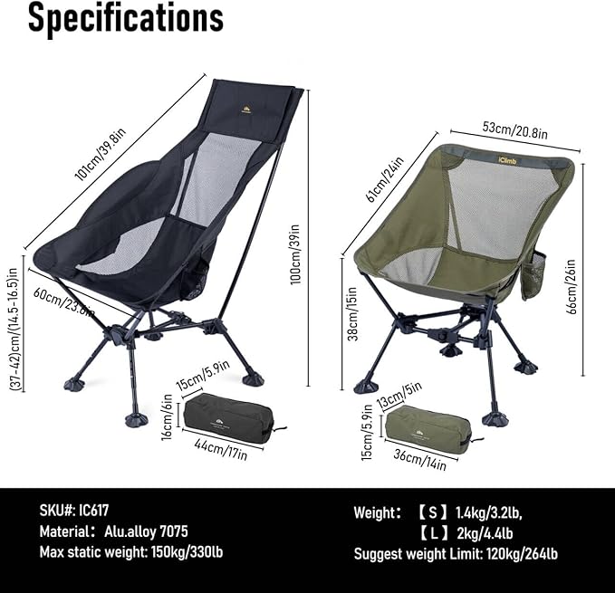 iClimb Ultralight Compact Camping Folding Beach Chair with Anti-Sinking Large Feet and Back Support Webbing (Green - Triangular Frame - 2PC)
