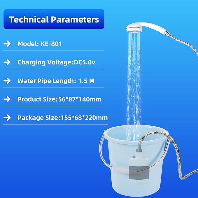 Portable Camping Shower Pump - Rechargeable Outdoor Shower Head Sprayer, Pumps Water from Bucket. Experience Refreshment Anywhere, Perfect for Camping, Hiking, Travel, Car Washing & Pet Cleaning