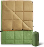 UNIKOME Outdoor Packable Camping Blanket, Lightweight Travel Blanket for Hiking, Camping, Dual-Sides Waterproof Puffy Down Alternative Camping Blanket with Snap Clasps, 75"×52", Army Green&Brown