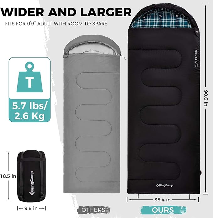 KingCamp Sleeping Bag for Adults, Cold Weather & Warm XL Big and Tall Flannel Sleeping Bags with Compression Sack Portable Waterproof Essentials Gear Accessories for Outdoor Camping