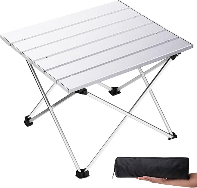 Grope Small Folding Camping Table with Aluminum Table Top, Beach Table for Sand with Carrying Bag,Prefect for Outdoor, Picnic, BBQ, Cooking, Festival (Silver-M)
