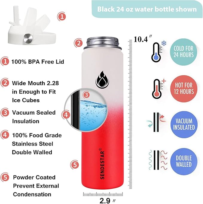 SENDESTAR Stainless Steel Wide Mouth Water Bottle 24oz Double Wall Vacuum Insulated Leak Proof Bottle with New Flex Straw Lid & Spout Lid