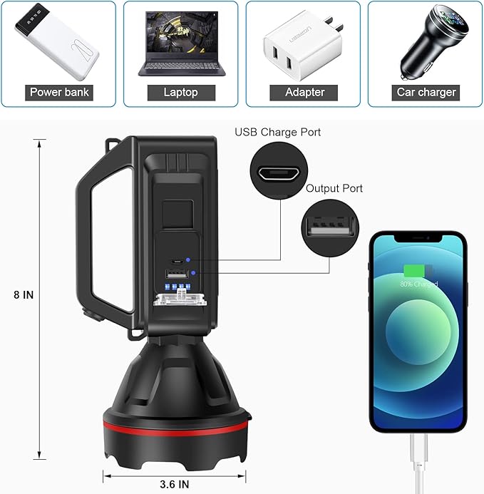 Rechargeable Spotlight Flashlight, High Lumens Handheld Spotlight,LED Searchlight with Shoulder Strap and USB Output for During Hurricane,Emergency, Storms,Hunting, Hiking, Camping(Black Pack of 2)