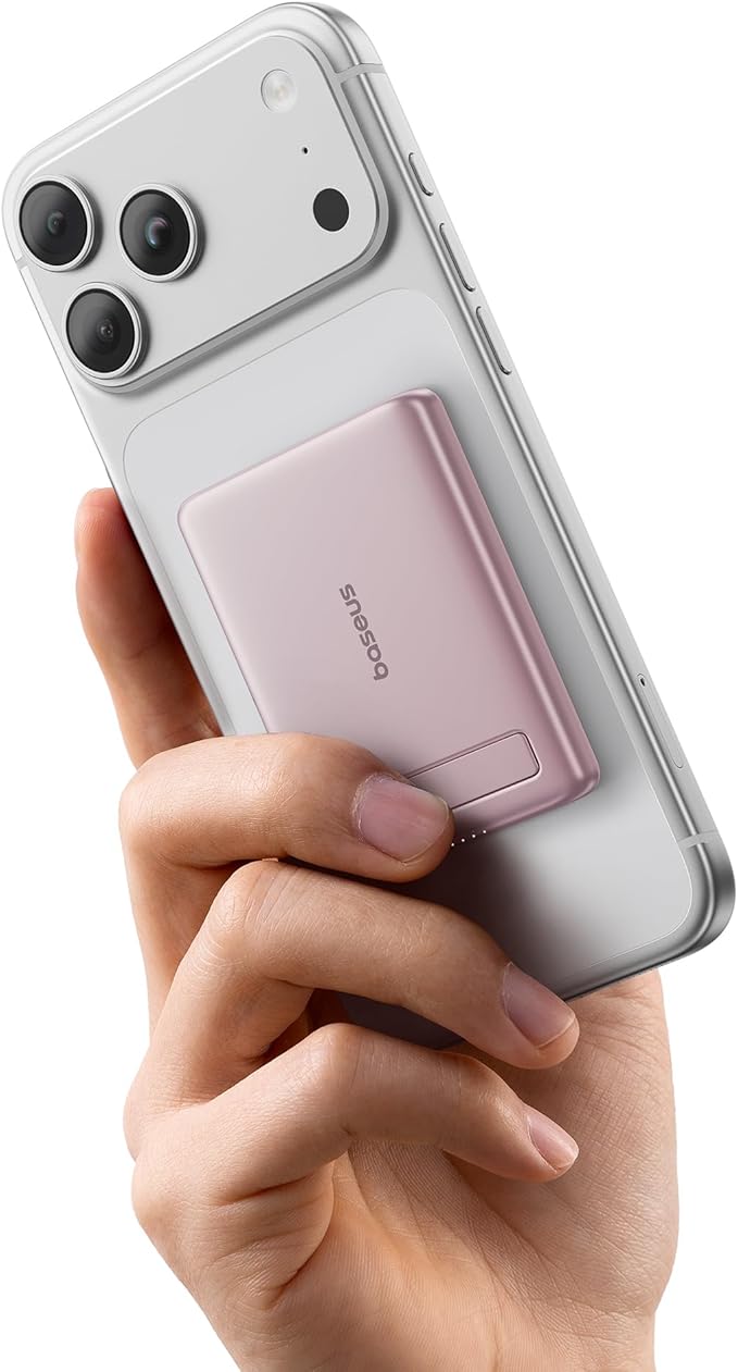 Baseus Picogo Power Bank, Smallest Qi2 Certified 15W MagSafe Portable Charger, 0.5" Ultra Slim 5000mAh Magnetic Battery Pack with Stand, Alloy Wireless Charger for iPhone 17 Pro Max/17 Air/16 Series