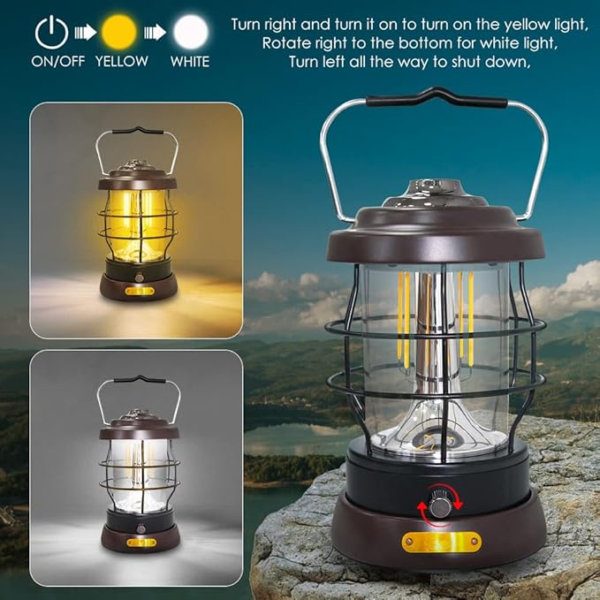 UniqueFire Retro Camping Lantern Rechargeable 1500LM 2 Modes Dimmable,Portable Electric Hurricane Lamp Hands-Free Flashlight,5000 mA High Capacity Battery LED Lanterns for Power Outages Indoor