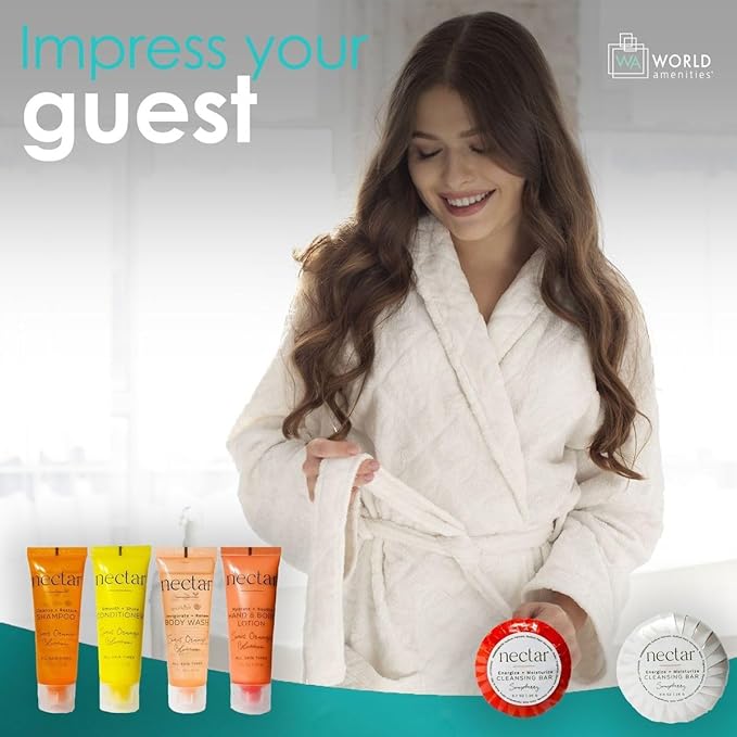 World Amenities - Nectar Mini Travel Size Toiletries Bathroom Kit | Sweet Orange Blossom| Shampoo, Conditioner, Body Wash, Lotion, Two Round Cleansing Bars and Body Bar