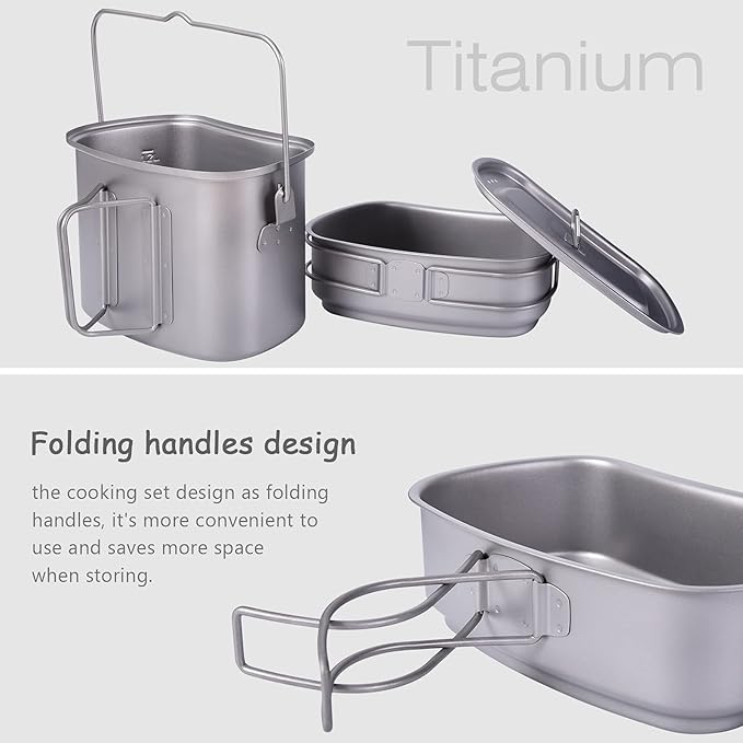 Boundless Voyage Titanium Mess Kit Hanging Pot Cup with Lid Folding Handles Outdoor Camping Cooking Set Ultralight Portable Tableware Cookware