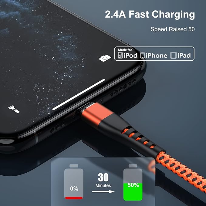 Essri 2Pack for iPhone Charger Cord 1FT, Lighting Cable 1 Feet to USB Charging Cable, Nylon Braided Charging Cord 1 Foot Compatible with iPhone 14 13 12 11 X XS XR 15 Pad - Orange