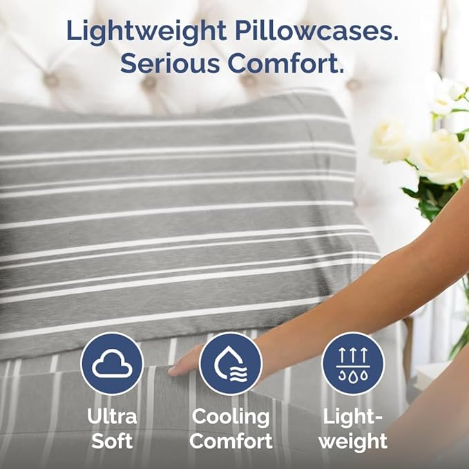 Queen Pillow Cases Set of 2 - Ultra Soft Hotel Quality Pillowcase Covers - Comfy Cozy Bedding for Women, Men, Kids & Teens - Machine Washable Pillow Protectors - 2 Pieces Set - Queen Size Grey Stripes