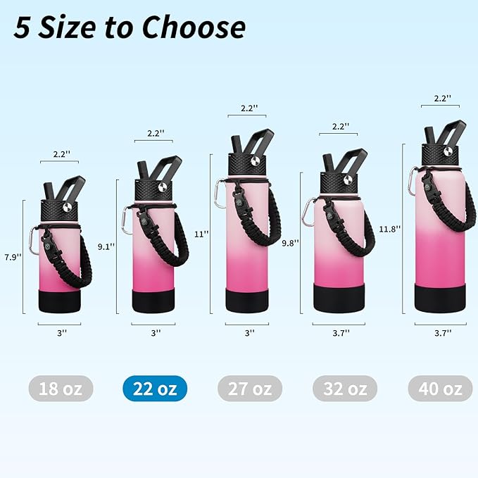 BJPKPK Insulated Water Bottle with Straw Lid, 22oz Thermo Water Bottles with 3 Lids, Paracord Handle & Non-slip Boot, BPA Free Leak Proof Stainless Steel Tumblers, Cups,Cherry