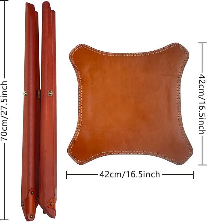Leather Stool 4-Legs, Portable Beech Wood Artist Folding Stool, Italian Top Vegetable Tanned Leather Seat, Home Fashion Genuine Leathers Director’s Stool for Home Outdoor Camping Fishing