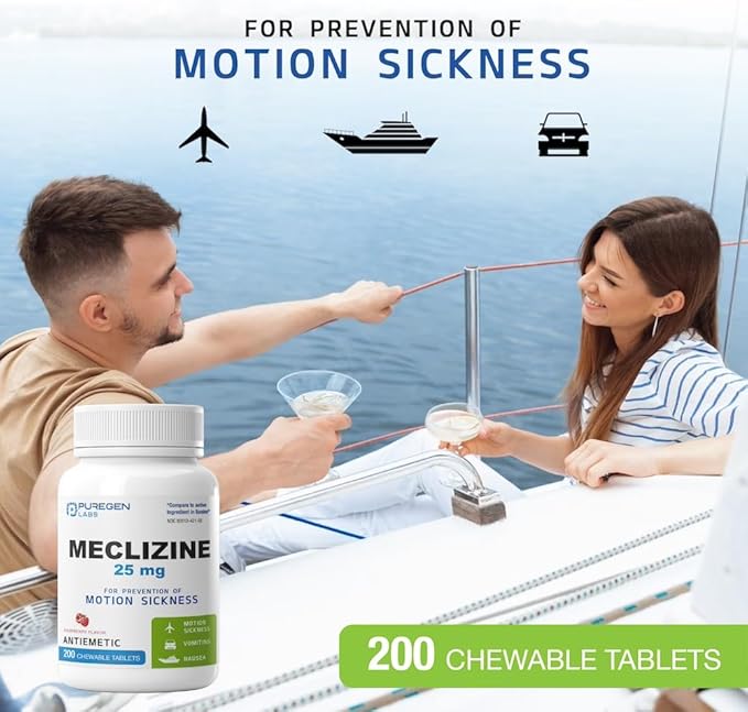 Puregen Labs Meclizine 25 mg Antiemetic 200 chewable Tablets | Motion Sickness Relief - Prevent Nausea, Vomiting, and Dizziness | Dairy Free | Made in USA | Value Pack – 200 chewable Tablets