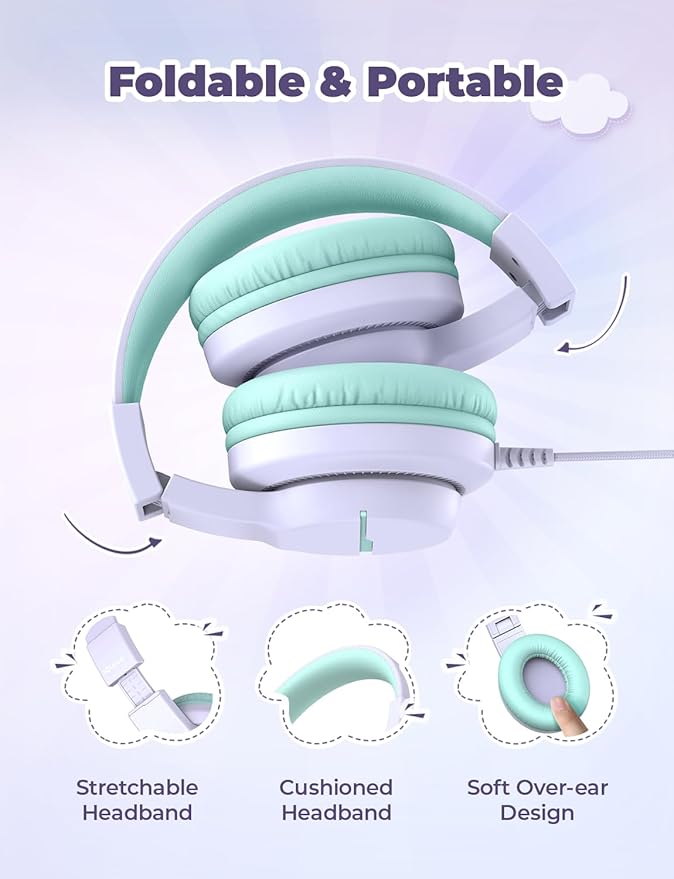 iClever HS19 Kids Headphones for School with Microphone, Safe Volume Limiter 74/85dBA, Over-Ear Girls Boys Headphones for Kids with FunShare Foldable Wired for iPad/Travel (Purple)