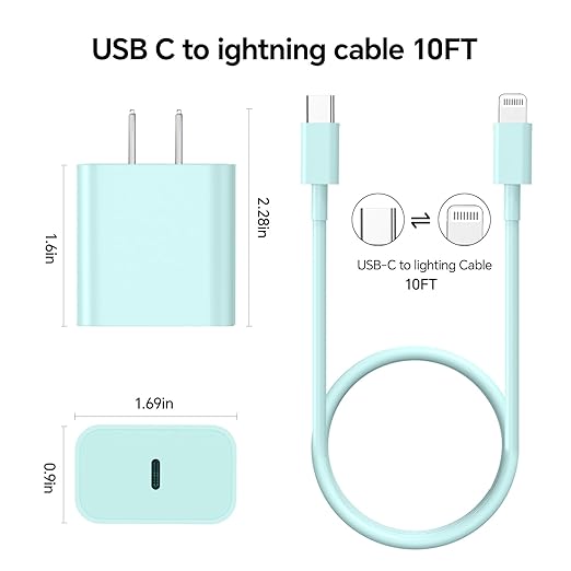 3Pack 10FT Long ightning Cable,20W Fast Charging Phonne ightning Cable Phone Charger Cord for Phone 14/13/12/12 Pro Max/11/Xs Max/XR/X,AirPods Pro,Pink/Green/Red