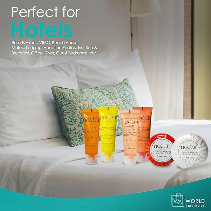 World Amenities - Nectar Mini Travel Size Toiletries Bathroom Kit | Sweet Orange Blossom| Shampoo, Conditioner, Body Wash, Lotion, Two Round Cleansing Bars & Body Bar