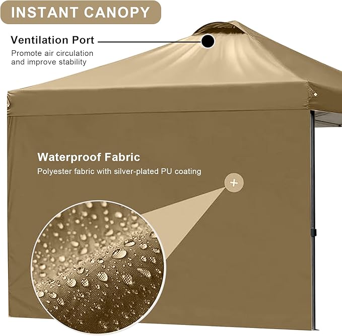 KAMPKEEPER 10x10 Pop Up Canopy Tent with 2 Sidewalls, Beach Tent - Easy Outdoor Sun Shade for Events, Parties, Camping - Gazebo with 4 Weight Bags & Carry Bag.（Khaki）