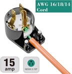 ETL Certified 10Pack 90 Degree USA Canada Nema 5-15P 3-Prong Angle DIY Plug, 15A 125V USA 3Pin Right Angle AC Plug, Nylon+Cu Material, Black Color