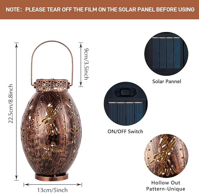 Stargarden Solar Lantern, 2 Pack Decorative Lanterns Outdoor Waterproof Solar Lights Outdoor, Hollow Out Hummingbird Pattern Hanging Lanterns for Yard ,Copper