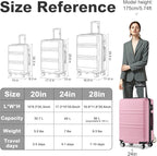 Kono 24 Inch Luggage Suitcase Lightweight with Spinner Wheels TSA Lock Hardside Medium Checked Luggage Durable Rolling Suitcase Pink