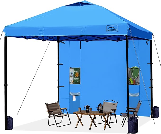 KAMPKEEPER 10x10 Pop Up Canopy Tent with Sidewall - Easy Setup Sun Shelter, Outdoor Shade with Vented Roof for Backyard | UV & Rain Portable Instant Camping Beach Canopy Tents (Light Blue)
