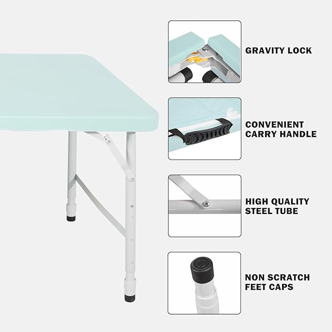 4 FT Folding Table with Carry Handle, Portable Fold-in-Half Plastic Table, Rectangle Foldable Table for Indoor/Outdoor Blue