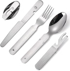Portable Flatware Silvery Silverware Camping Stainless Steel Cutlery Set Outdoor Travel Knife Fork Spoon Bottle Opener 4 Pieces Foldable Durable Easy to Clean
