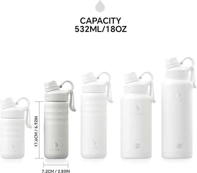 IDEUS Insulated Stainless Steel Water Bottle with 2 Leak-Proof Lids, Thermal Water Flask for Hiking Biking, 18oz, White