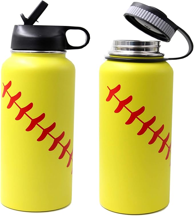 32 oz Softball Water Bottle, Wide Mouth Sports Flask Metal Travel Mug with 2 Lids, Stainless Steel Double Wall Vacuum Insulated Water Bottles, Softball Accessories Stuff Gifts for Mom Men Boys Girls