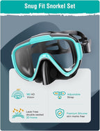 Snorkel Set Adults Snorkeling Gear Anti-Fog Panoramic View Swim Mask Dry Top Snorkel Kit with Carry Bag for Snorkeling Scuba Diving Swimming Travel