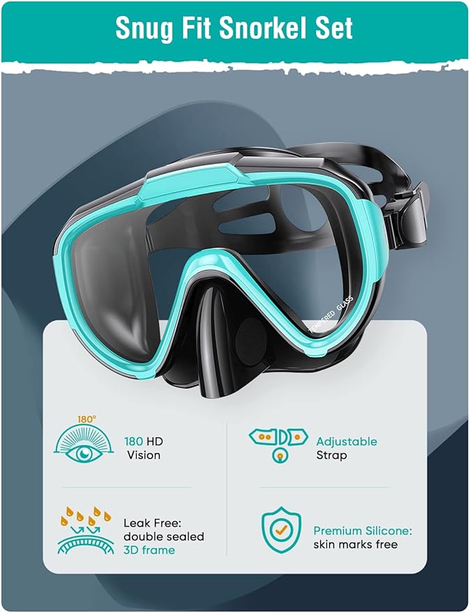 Snorkel Set Adults Snorkeling Gear Anti-Fog Panoramic View Swim Mask Dry Top Snorkel Kit with Carry Bag for Snorkeling Scuba Diving Swimming Travel