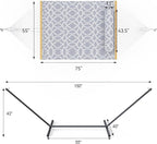 2 Person Outdoor Hammock with Stand, Cotton Rope Hammock with Polyester Pad, Adjustable Steel Frame, Portable with Carrying Bag – for Patio, Backyard, Garden, Beach, White-Gray