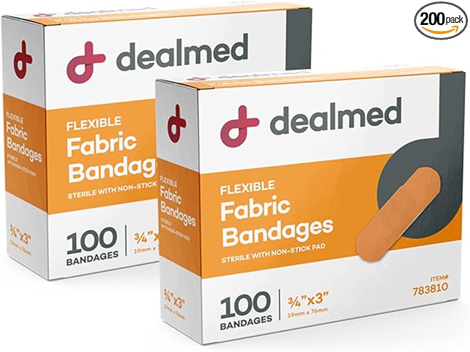 Dealmed Fabric Flexible Adhesive Bandages – 100 Count (2 Pack) Bandages with Non-Stick Pad, Latex Free, Wound Care for First Aid Kit, 3" x 3/4"