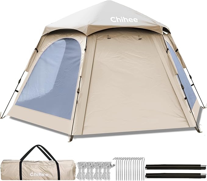 Chihee Camping Tents Pop Up Hexagonal Tent Easy Setup Instant PU Coated Polyester Family Cabin with Rainfly Waterproofing UV Protection Winproof Outdoor Shelter 2 Doors 4 Windows Mesh Ventilation