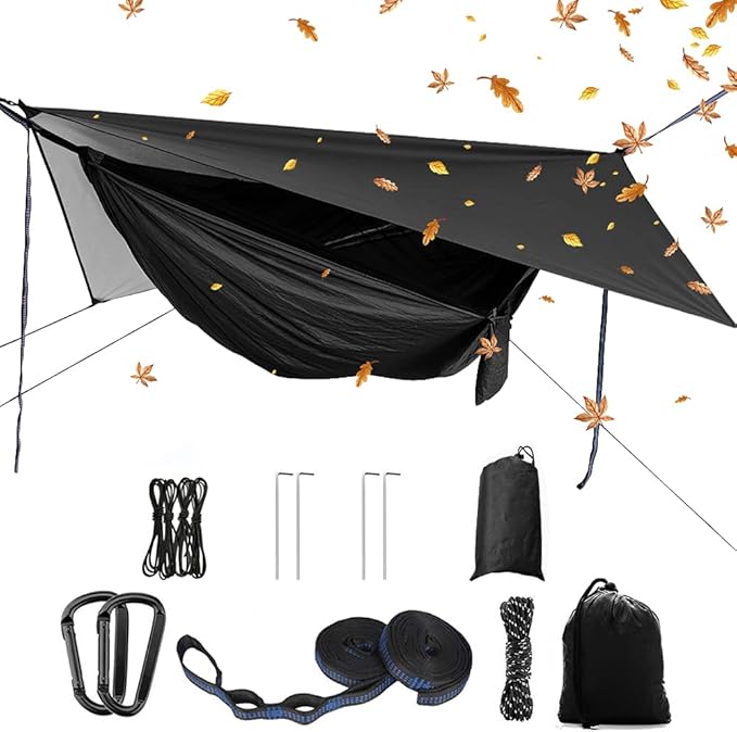 Portable Single Double Nylon High Strength Parachute Hammock Rainfly Set, Camping Hammock with Rain Fly Tarp and Mosquito Net Tent Tree Straps, Backpacking Hiking Travel Yard Outdoor Activities