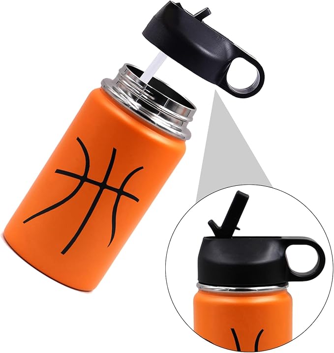 12 oz Basketball Water Bottle, Sports Cup Flask Metal Travel Mug with 2 Lids, Stainless Steel Double Wall Vacuum Leak Proof Insulated Water Bottles, Basketball Accessories Stuff Gifts for Boys Girls
