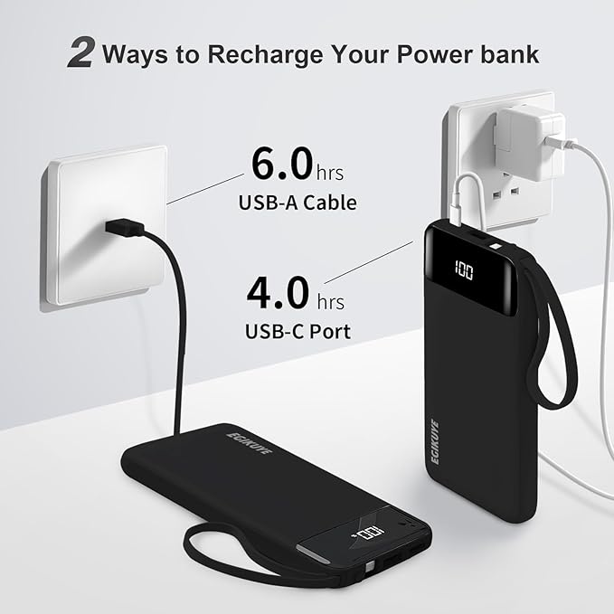 Power Bank 10000mAh Portable Charger with 4 Built-in Cables, Type-C in & Out Phone Charger, External Battery Charger Pack & Travel Essential for iPhone 16/15/14, Samsung, iPad, Android