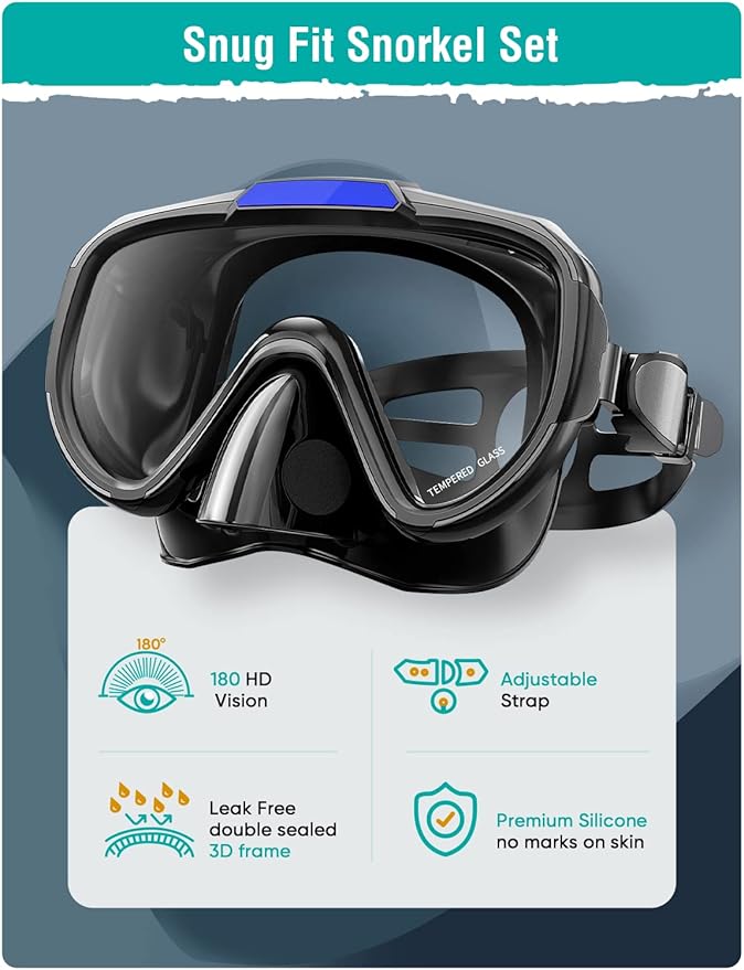 Snorkel Set Adults Snorkeling Gear Anti-Fog Panoramic View Swim Mask Dry Top Snorkel Kit with Carry Bag for Snorkeling Scuba Diving Swimming Travel
