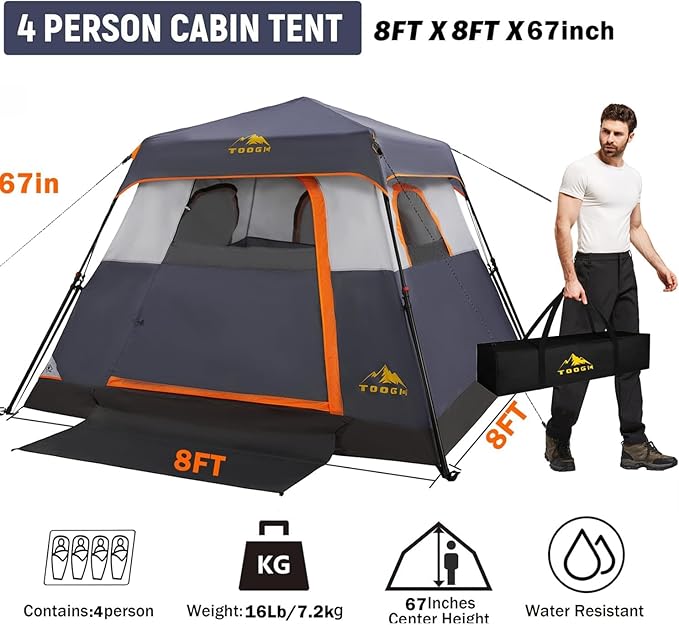 3/4 Person/6 Person Camping Tent Fast Cabin Tent with Instant Setup Tent, Weatherproof Tent Easy Quick Set Up & Pop Up in 60 Seconds with Rainfly Backpack for Family Camping,Upgraded Ventilation